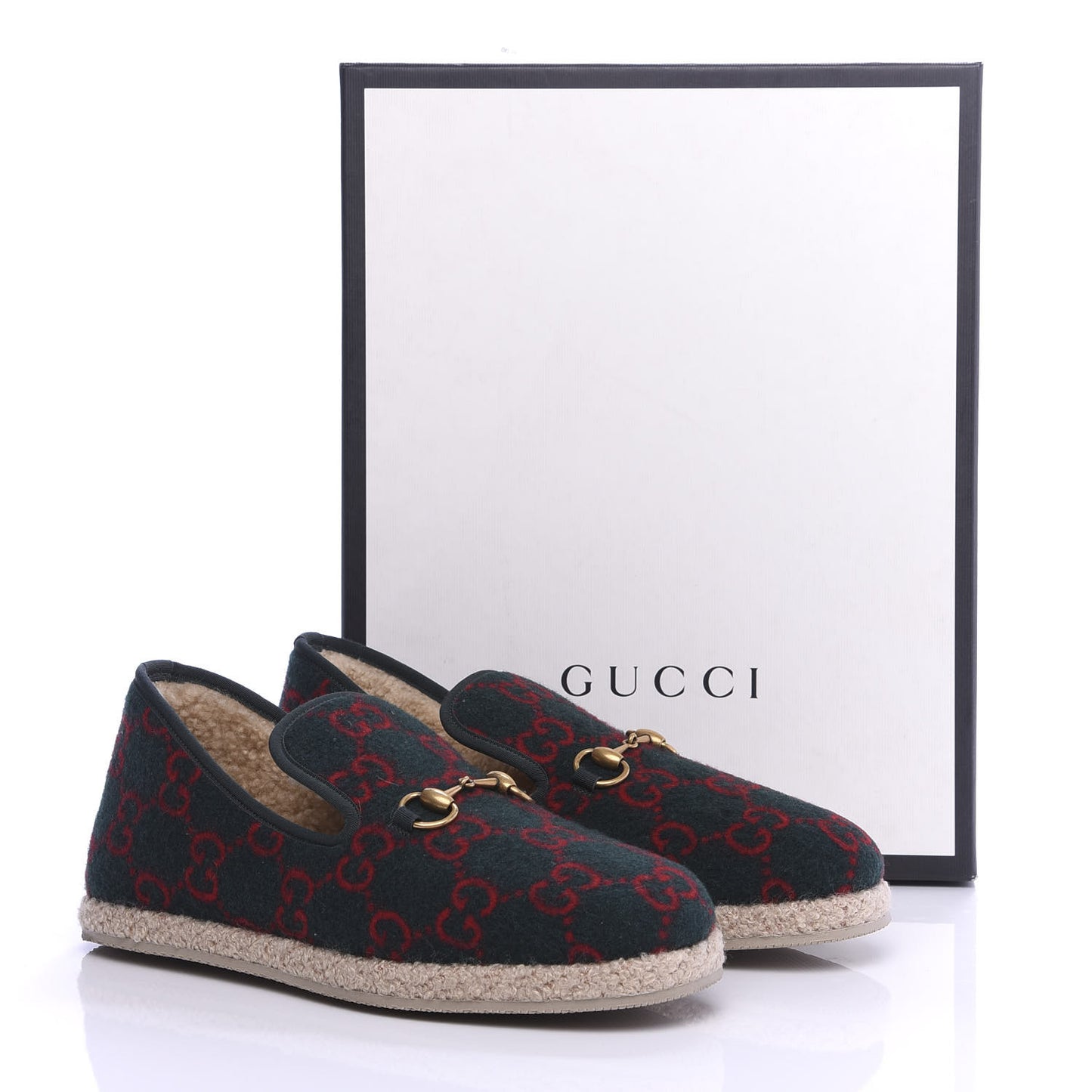 Covered Wool GG Monogram Mens Fria Horsebit Loafers 8 Green Red Shamarock Butterscotch
