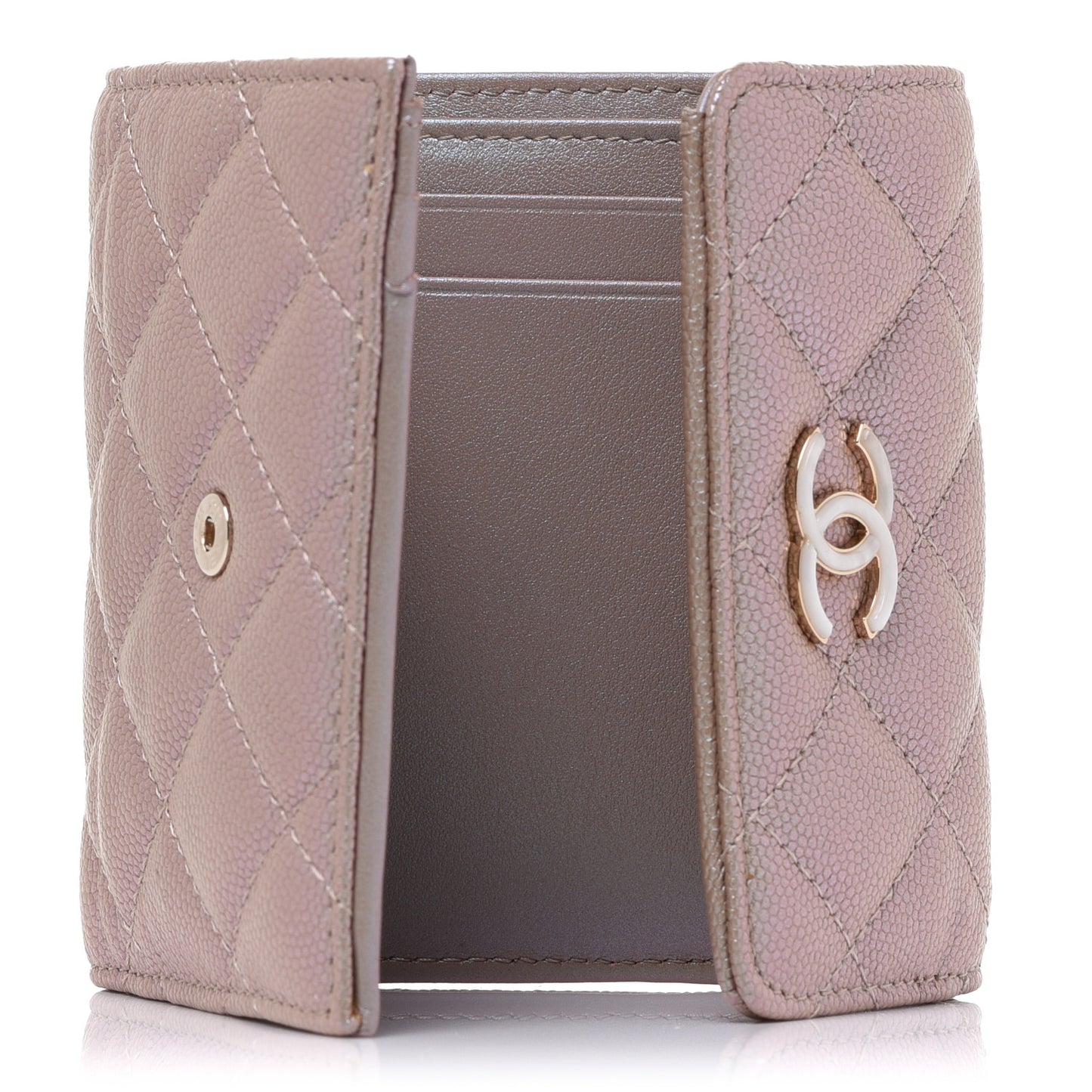 Iridescent Caviar Quilted Small Flap Wallet Beige