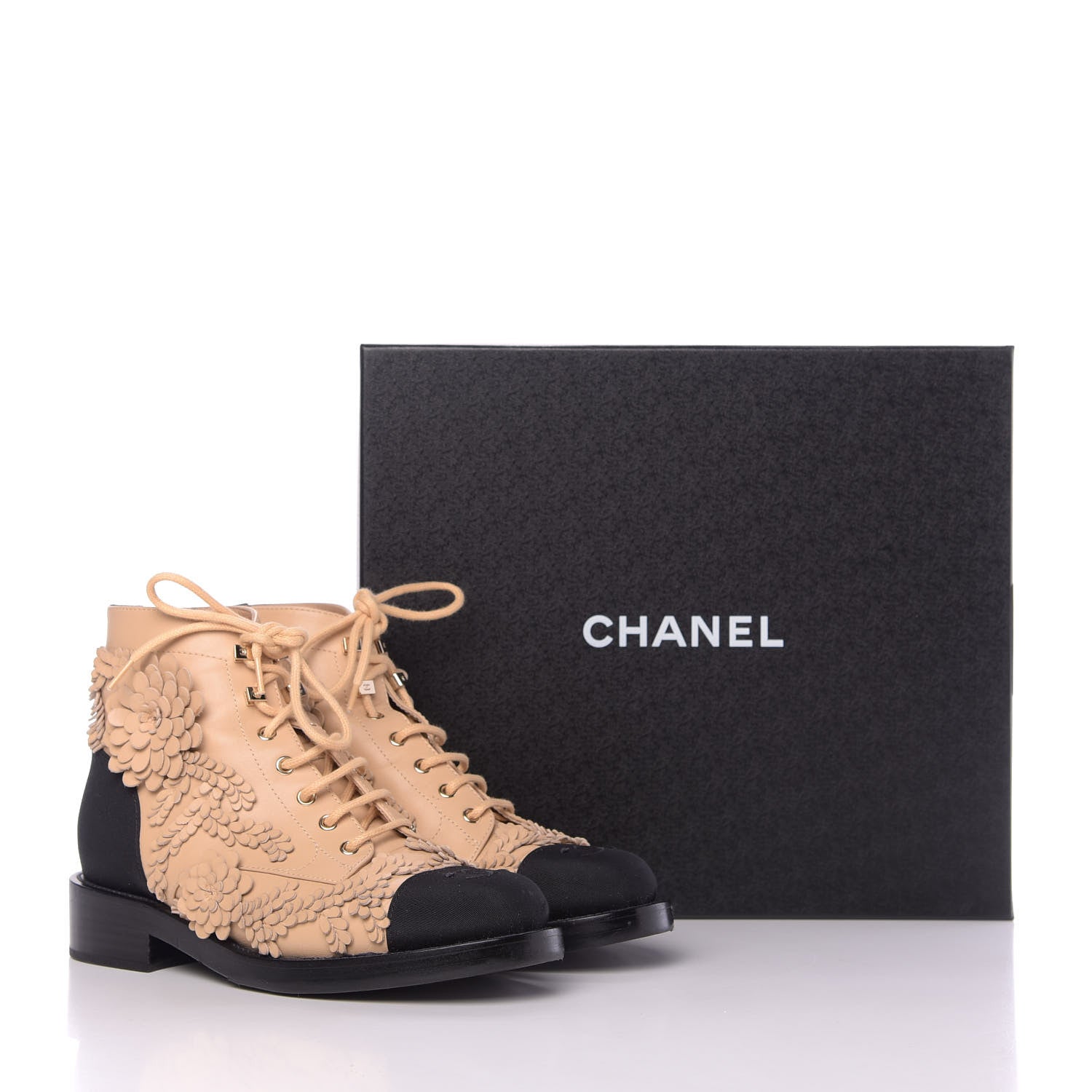 Chanel Embroidered Lambskin Grosgrain Lace Up Boots 38.5 Beige Black 10 of 11