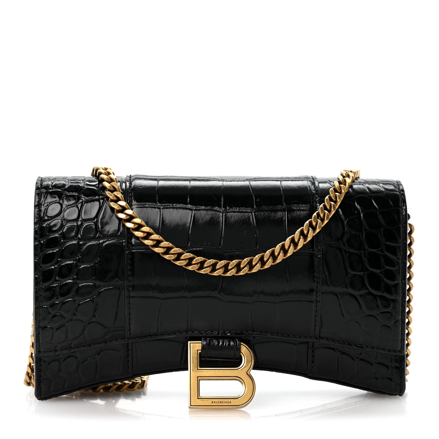 Shiny Calfskin Crocodile Embossed Hourglass Chain Bag Black