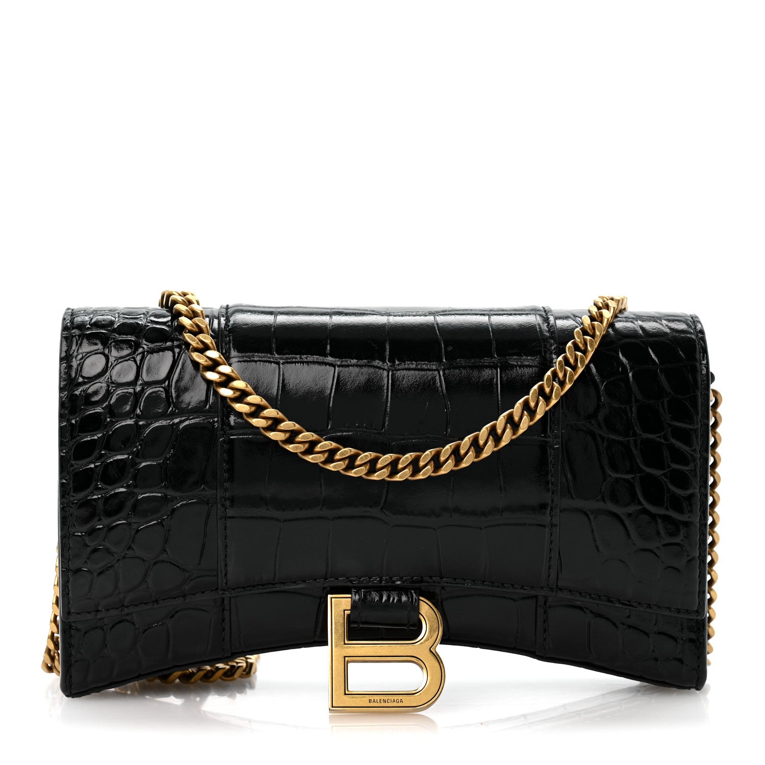 Balenciaga Shiny Calfskin Crocodile Embossed Hourglass Chain Bag Black 1 of 13