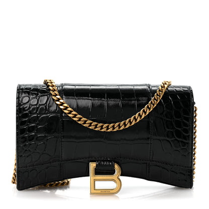 Balenciaga Shiny Calfskin Crocodile Embossed Hourglass Chain Bag Black 1 of 13