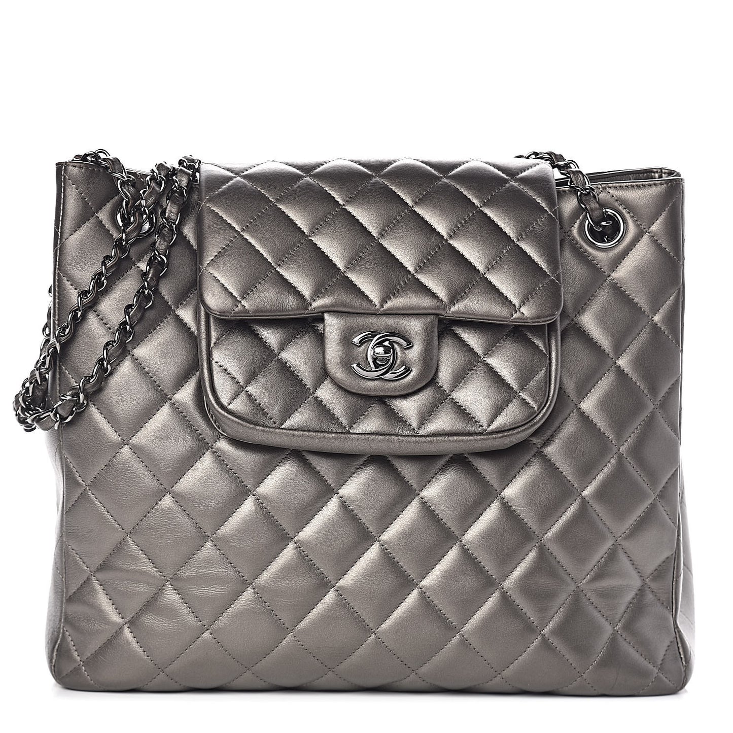 Metallic Calfskin Quilted Flap Tote Dark Silver