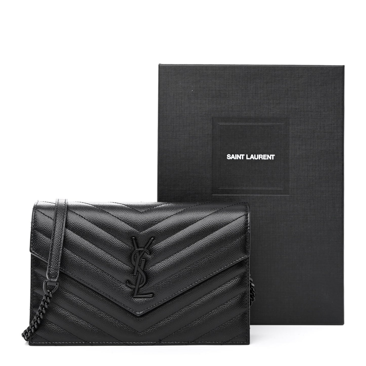 Grain De Poudre Matelasse Chevron Monogram Monochrome Envelope Chain Wallet Black