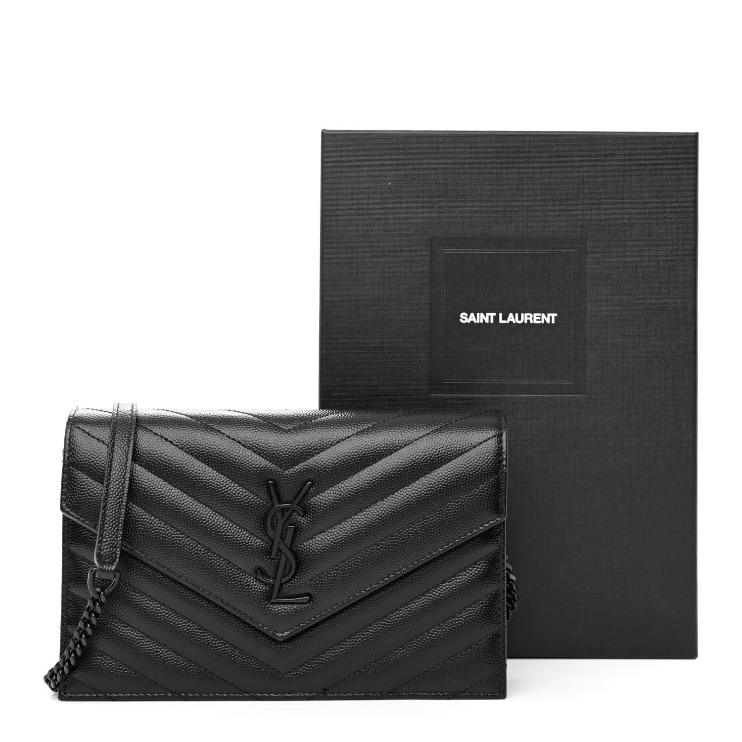 Saint Laurent Grain De Poudre Matelasse Chevron Monogram Monochrome Envelope Chain Wallet Black 12 of 12