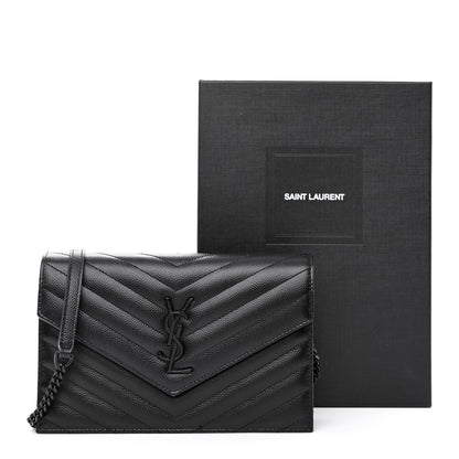Saint Laurent Grain De Poudre Matelasse Chevron Monogram Monochrome Envelope Chain Wallet Black 12 of 12