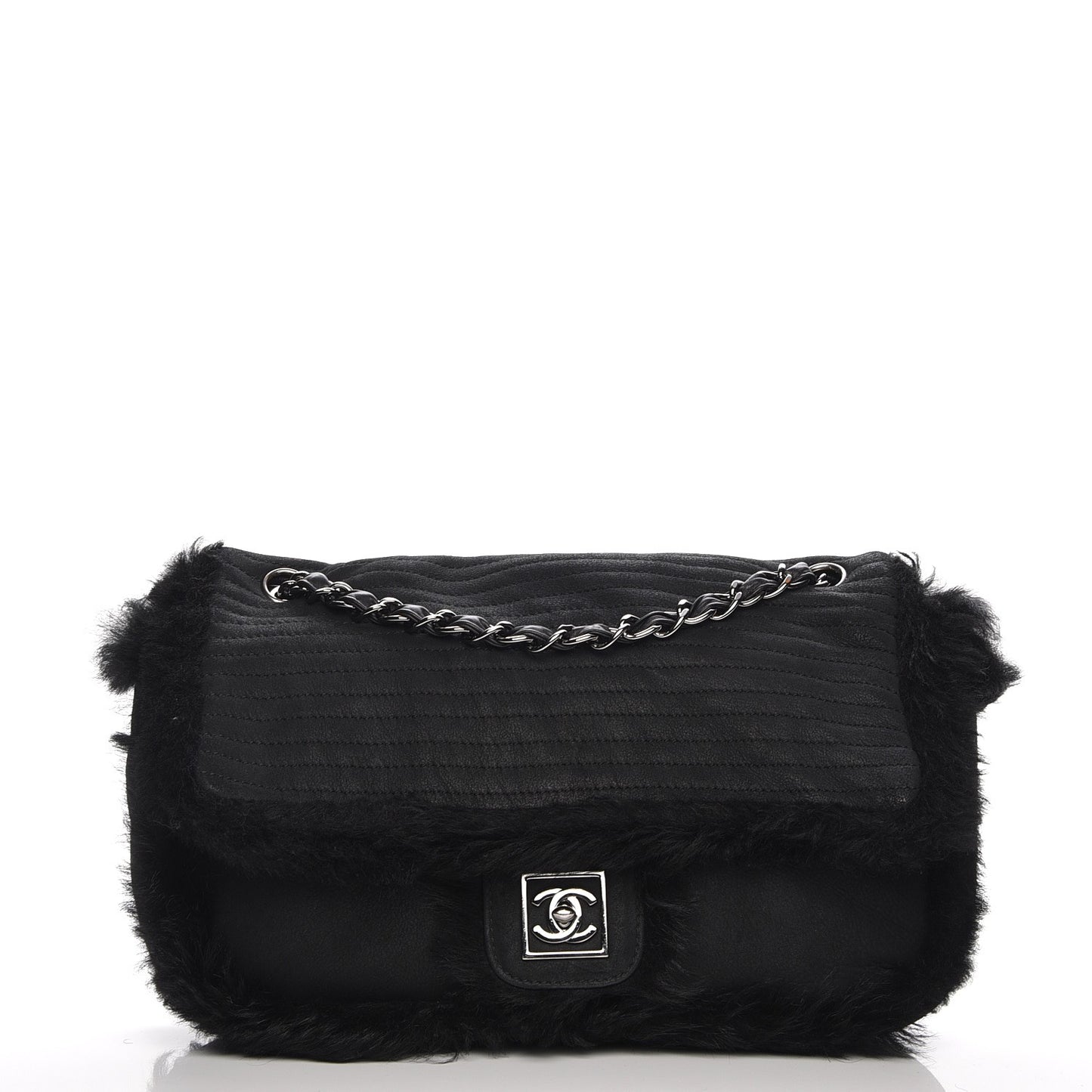 Suede Shearling Quilted Flap Black