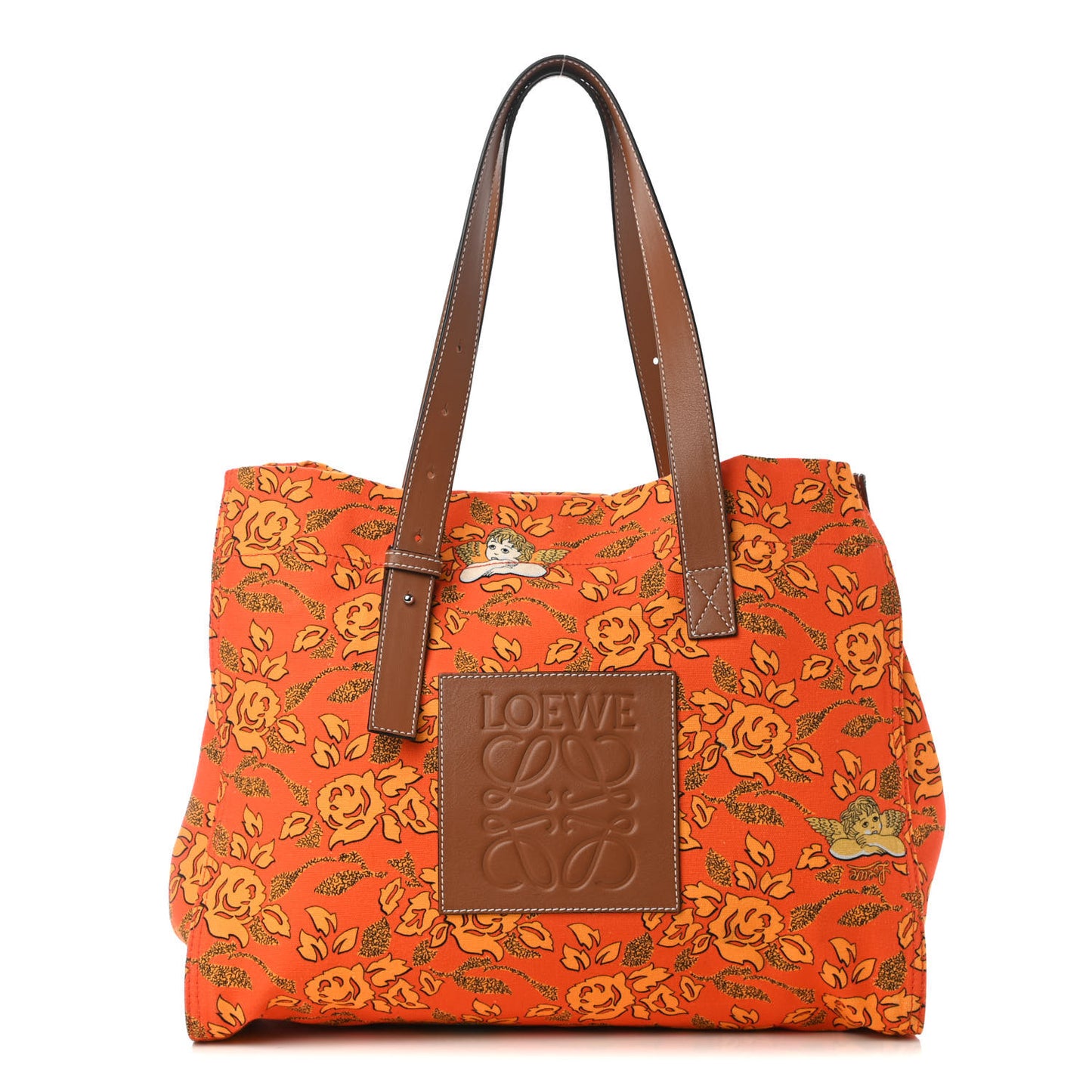 Canvas Calfskin Ibiza Floral Print Paulas Tote Orange