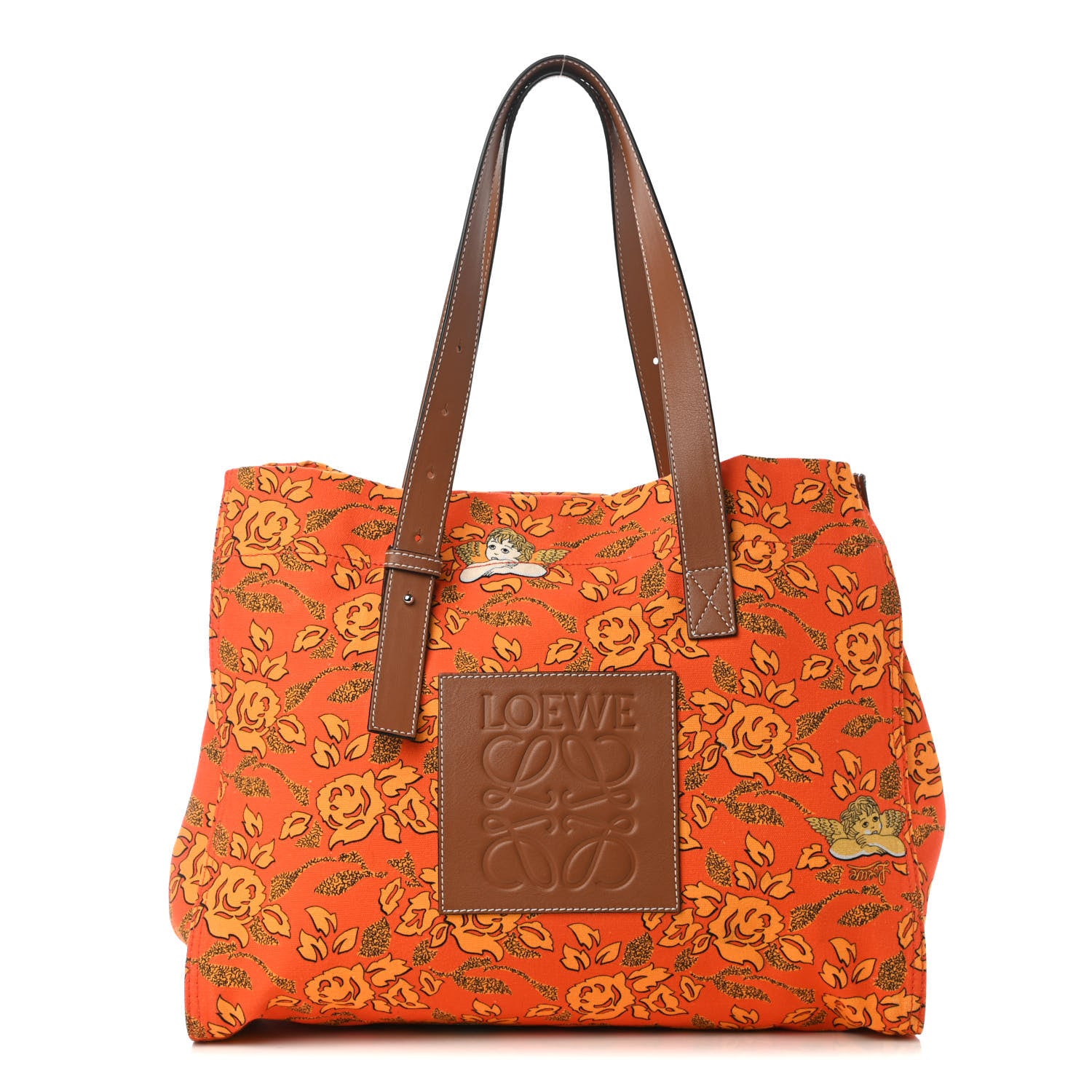 Loewe Canvas Calfskin Ibiza Floral Print Paulas Tote Orange 1 of 9