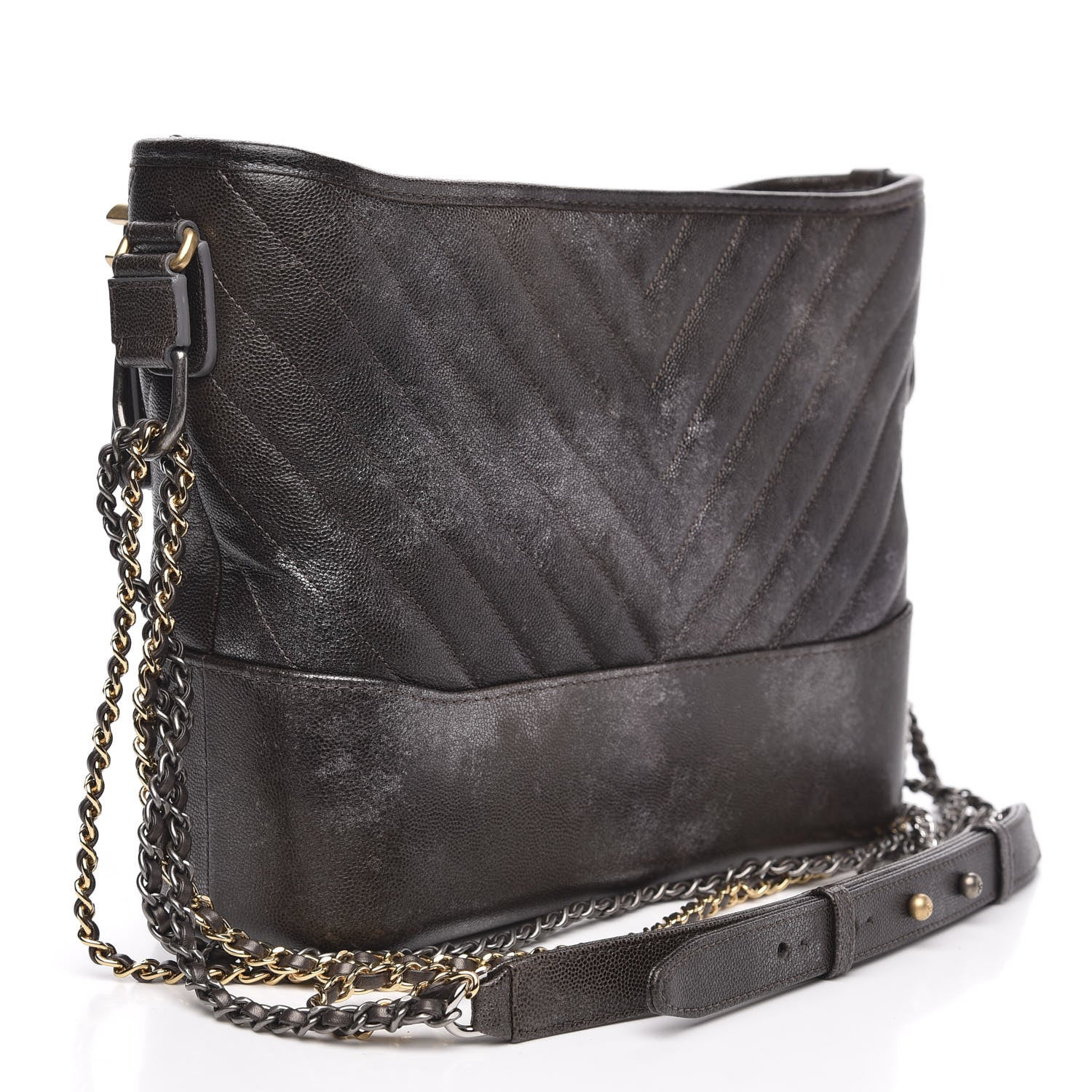 Chanel Metallic Caviar Chevron Quilted Medium Gabrielle Hobo Dark Silver Gold 3 of 11