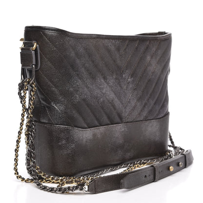 Chanel Metallic Caviar Chevron Quilted Medium Gabrielle Hobo Dark Silver Gold 3 of 11