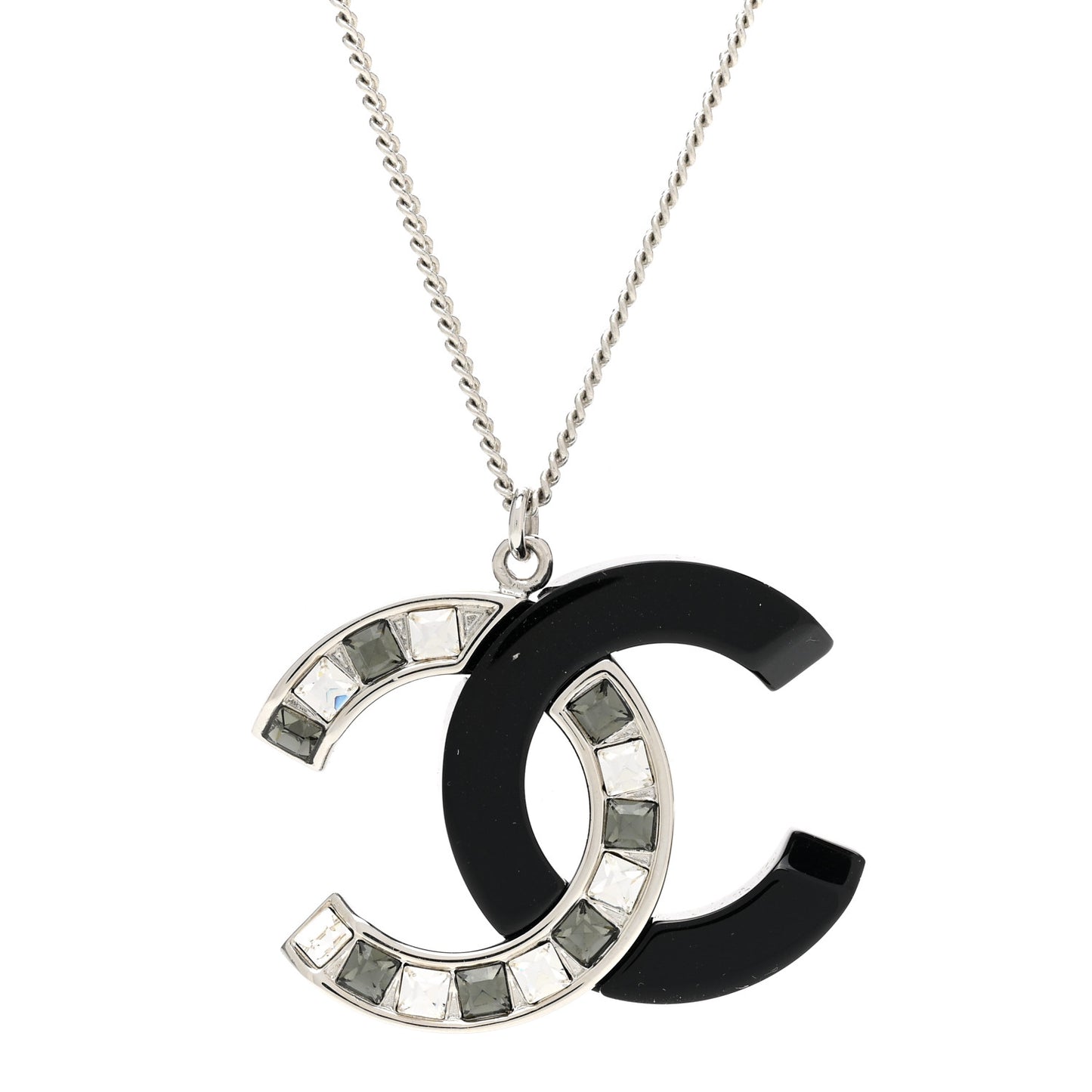 Resin Crystal Baguette CC Necklace Silver Black