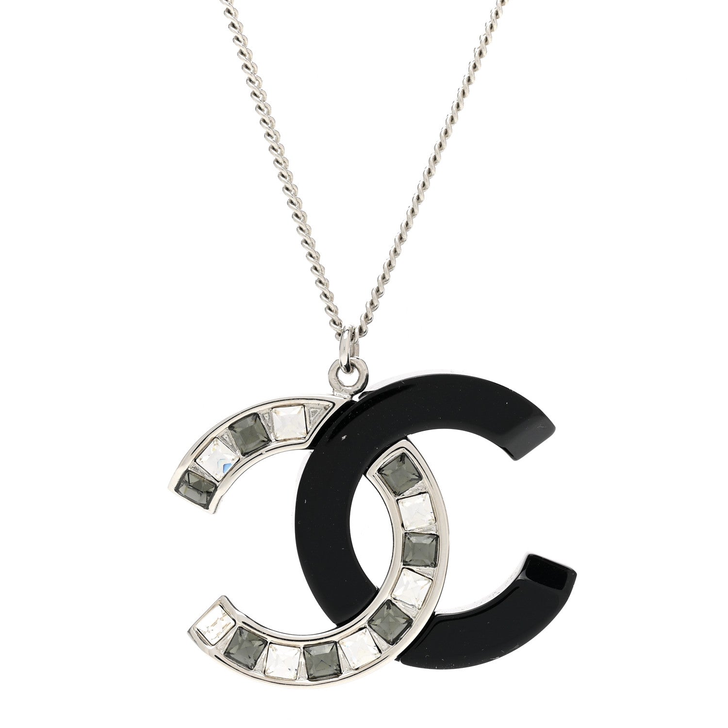 Chanel Resin Crystal Baguette CC Necklace Silver Black 4 of 6