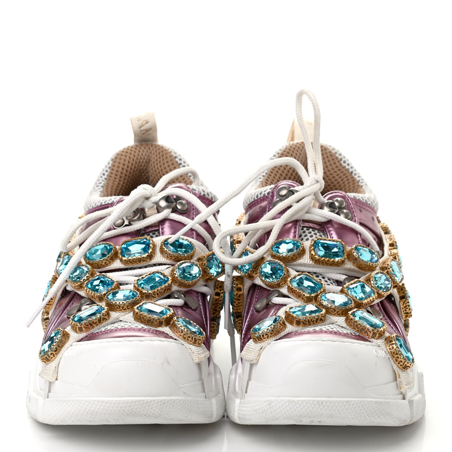 X SEGA Metallic Calfskin Mesh Removable Crystals Womens Flashtrek Sneakers 37 Rosa Great White Silver
