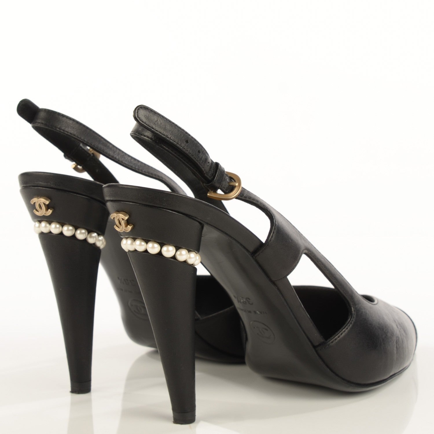 Chanel Lambskin Pearl Slingback Pumps 38.5 Black 4 of 8