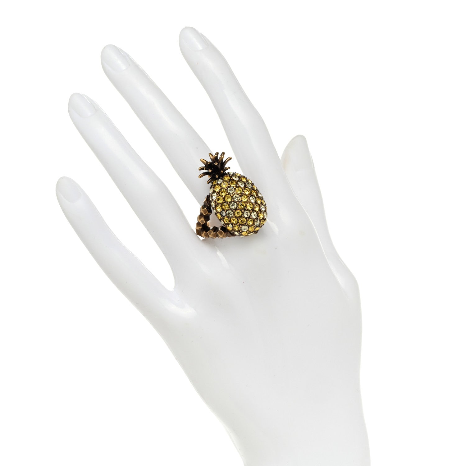 Gucci Metal Crystal Pineapple Motif Ring L Aged Gold 2 of 5