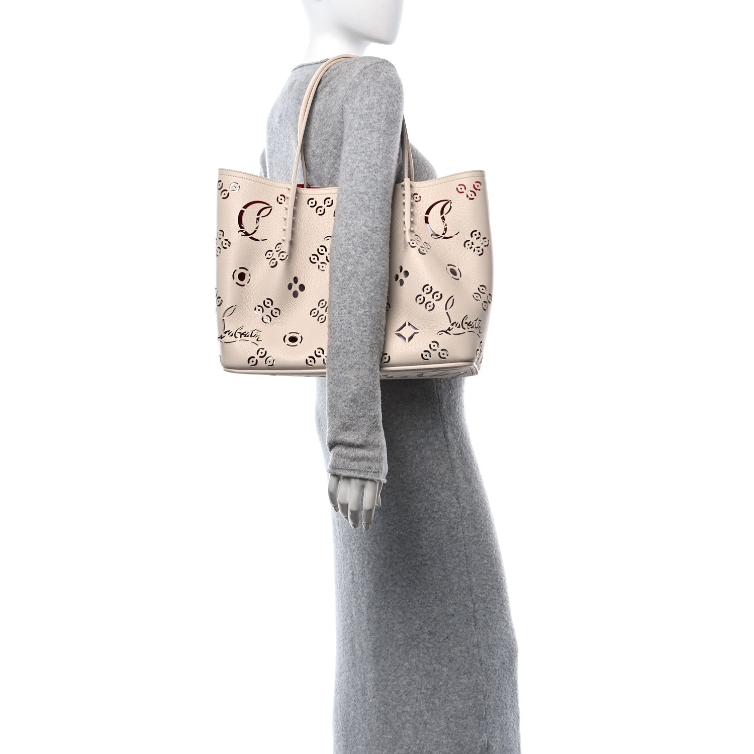 Christian Louboutin Calfskin Perforated Loubinthesky Spikes Large Cabarock Tote Leche 2 of 9