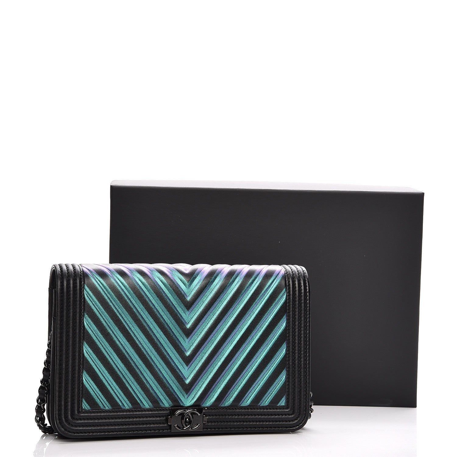 Chanel Calfskin Painted Chevron Embossed Boy Wallet On Chain WOC Black 11 of 11