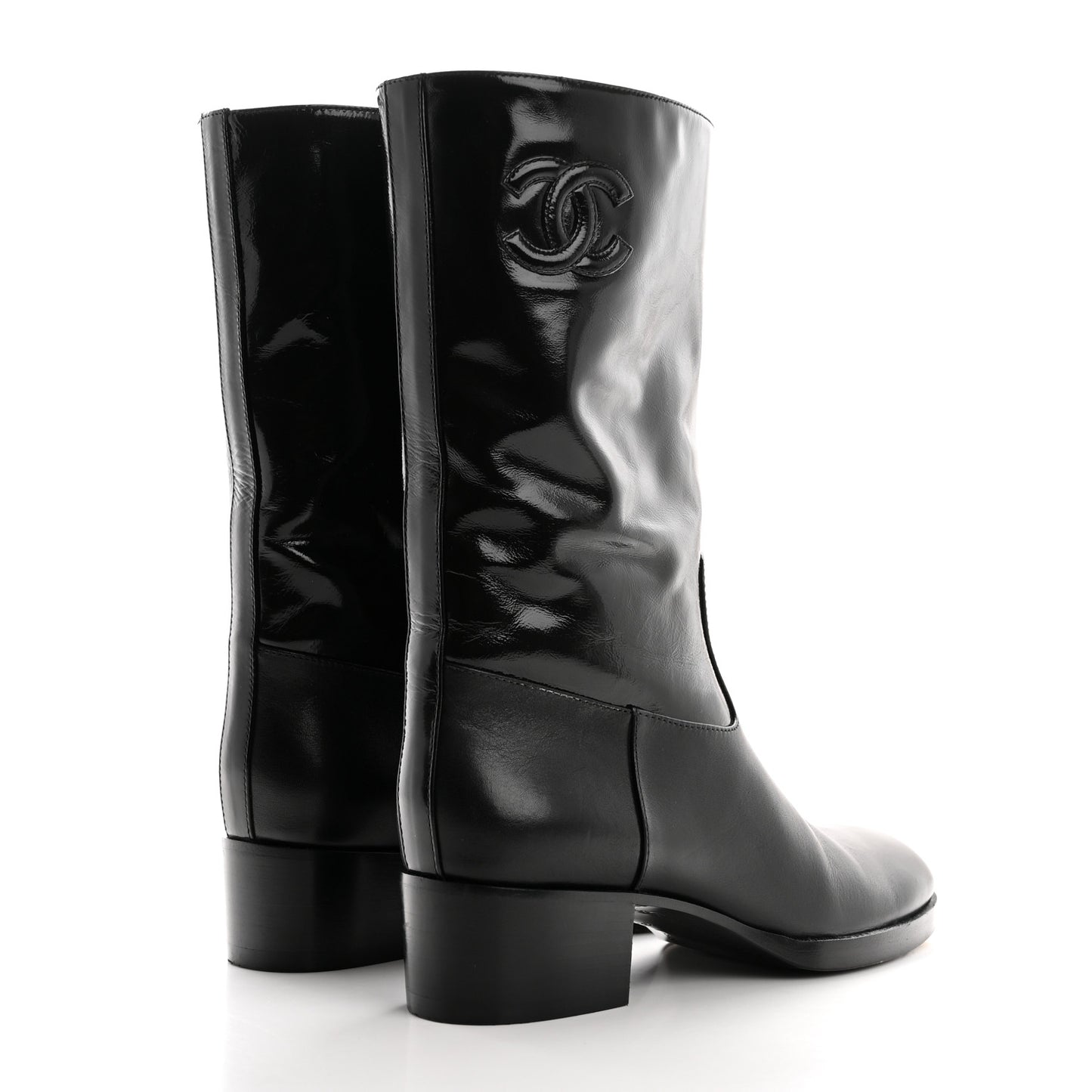 Shiny Calfskin CC Mid Calf Boots 37.5 Black