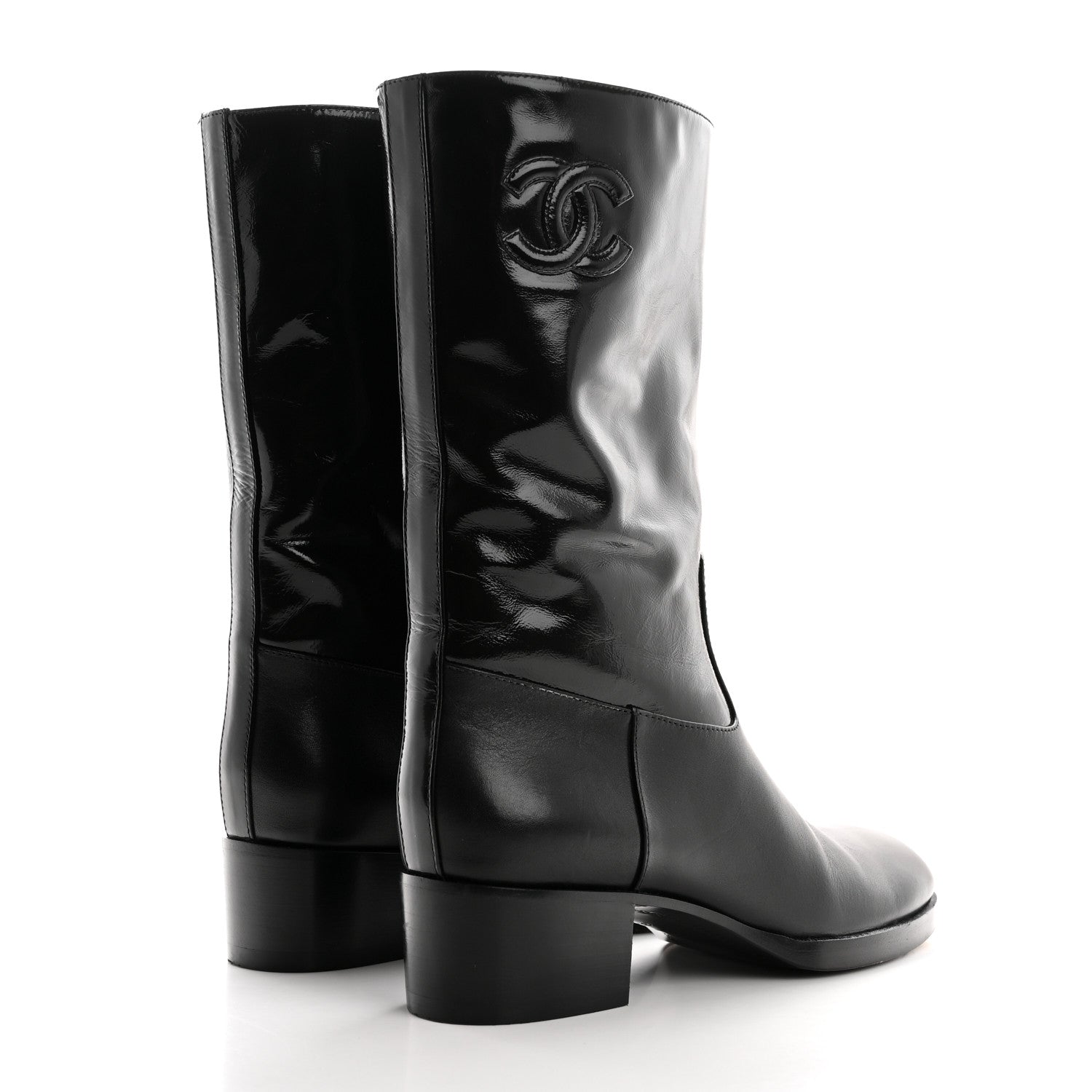 Chanel Shiny Calfskin CC Mid Calf Boots 37.5 Black 4 of 10