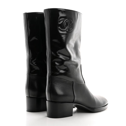 Chanel Shiny Calfskin CC Mid Calf Boots 37.5 Black 4 of 10