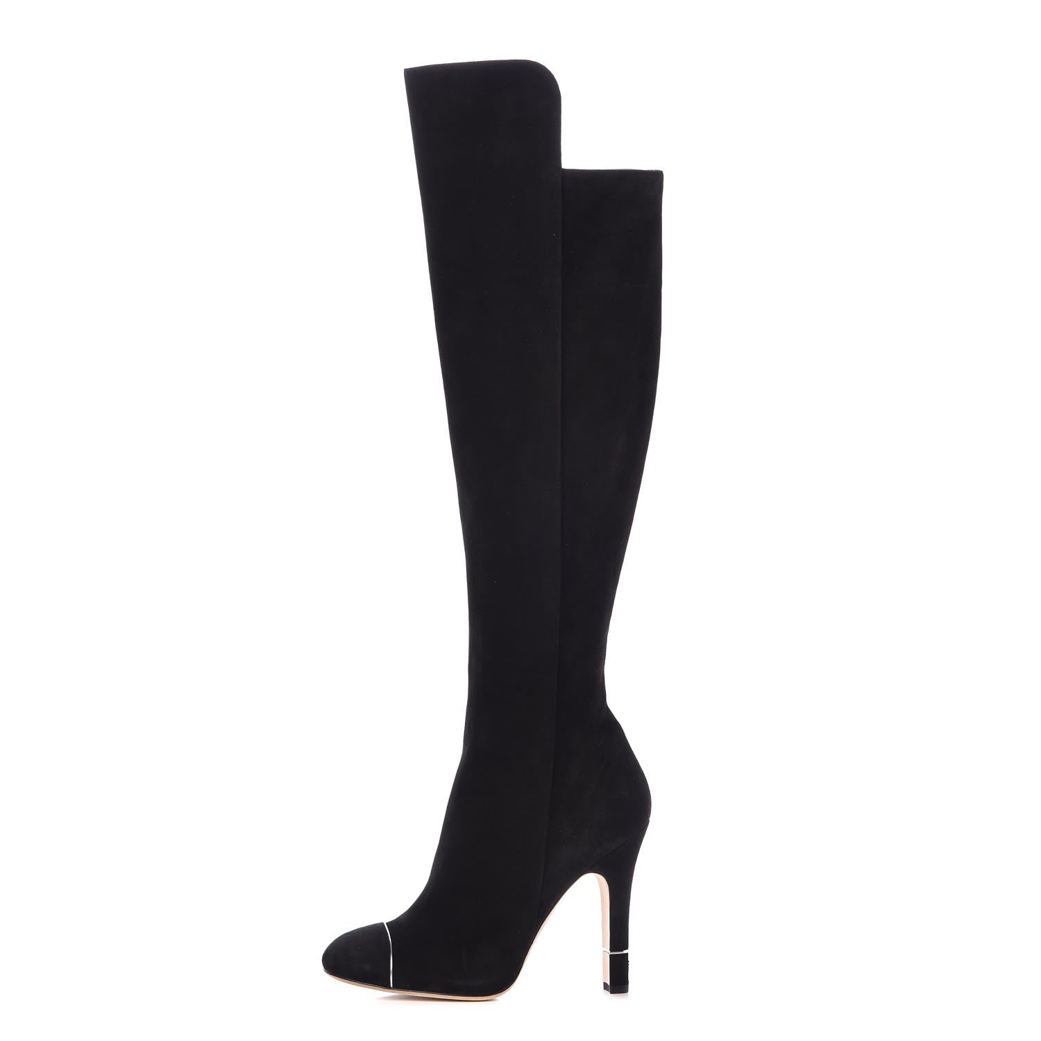 Chanel Suede Calfskin CC Cap Toe Knee High Boots 40 Black 1 of 9