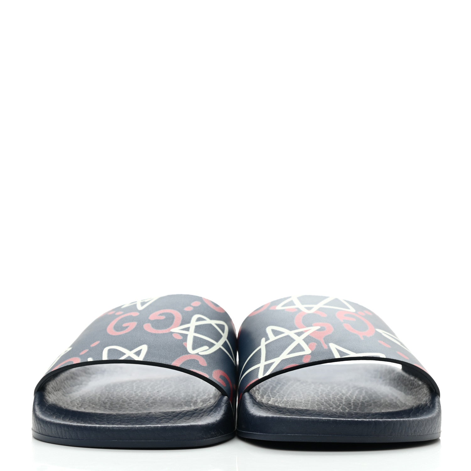 Gucci Calfskin GucciGhost Print Womens Slide Sandals 37 Blue Agata Hibiscus Red 2 of 7
