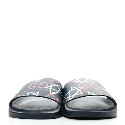 Gucci Calfskin GucciGhost Print Womens Slide Sandals 37 Blue Agata Hibiscus Red 2 of 7