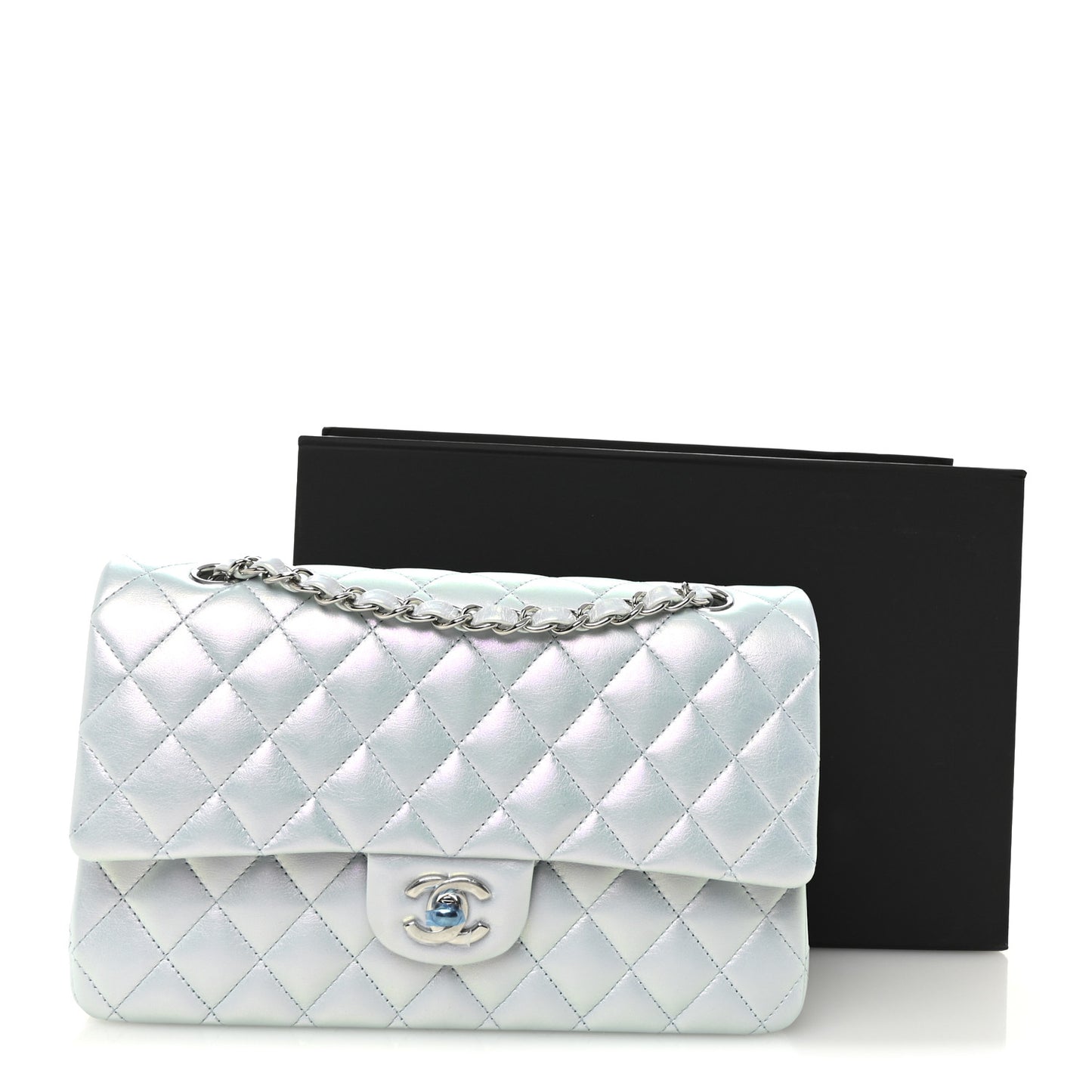 Iridescent Calfskin Quilted Medium Double Flap Light Blue