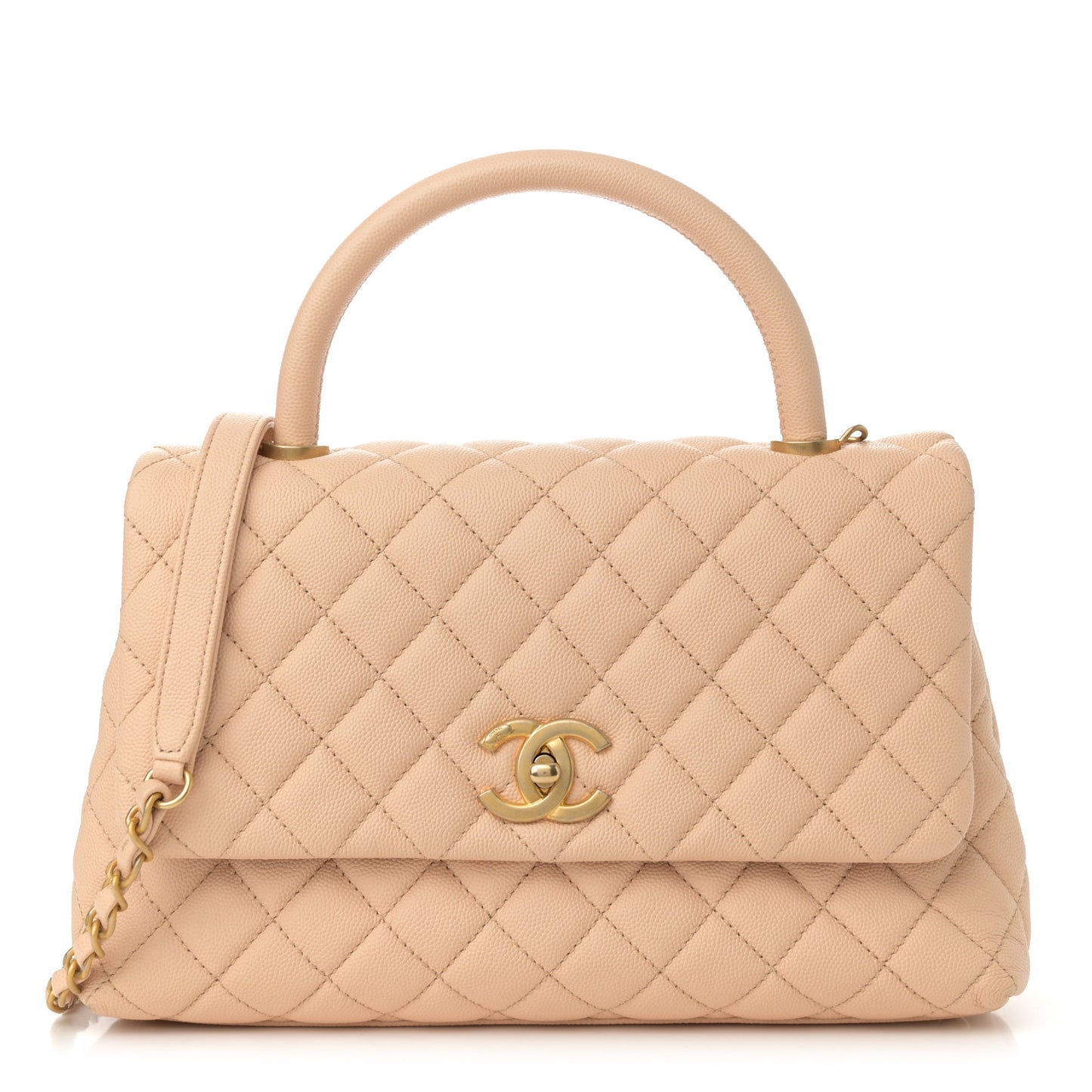 Caviar Quilted Small Coco Handle Flap Beige