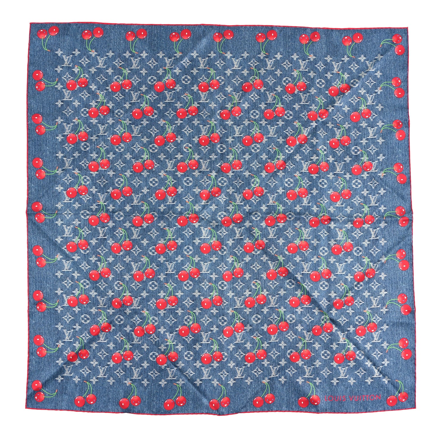 Louis Vuitton LV X TM Silk Monogram Cerises Square Scarf 90 Denim Blue 1 of 3