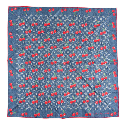Louis Vuitton LV X TM Silk Monogram Cerises Square Scarf 90 Denim Blue 1 of 3