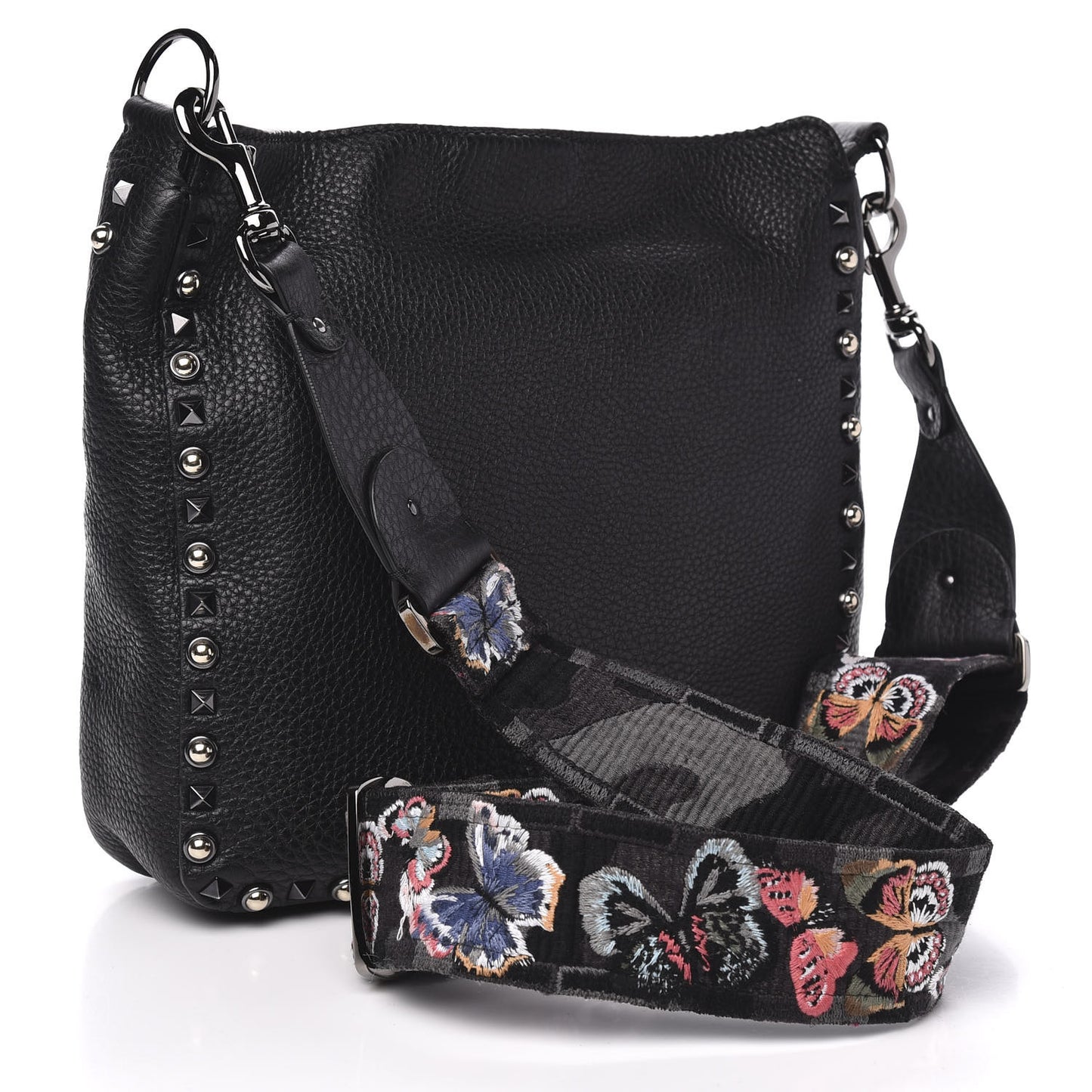 Pebbled Calfskin Butterfly Small Guitar Strap Rockstud Rolling Flip-Lock Messenger Bag Black