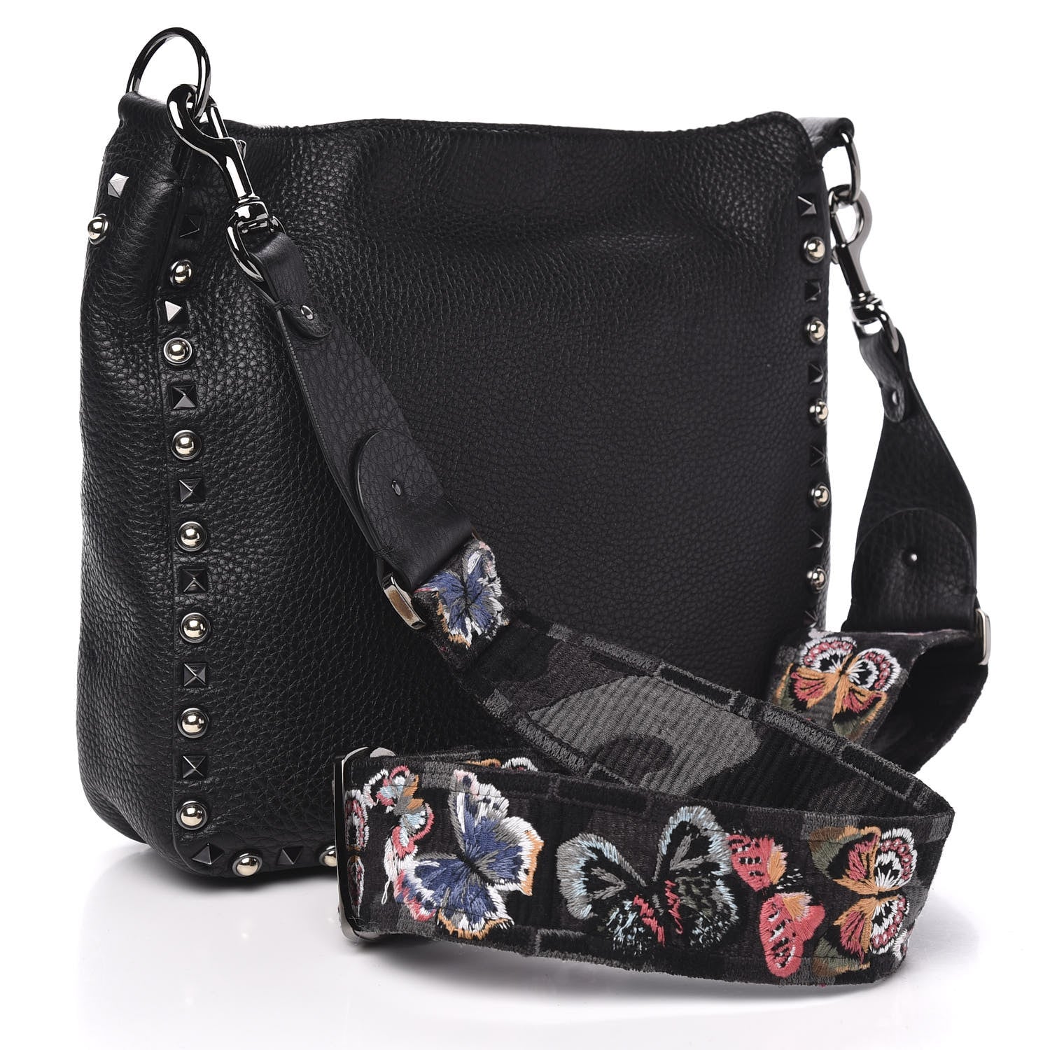 Valentino Garavani Pebbled Calfskin Butterfly Small Guitar Strap Rockstud Rolling Flip-Lock Messenger Bag Black 3 of 9