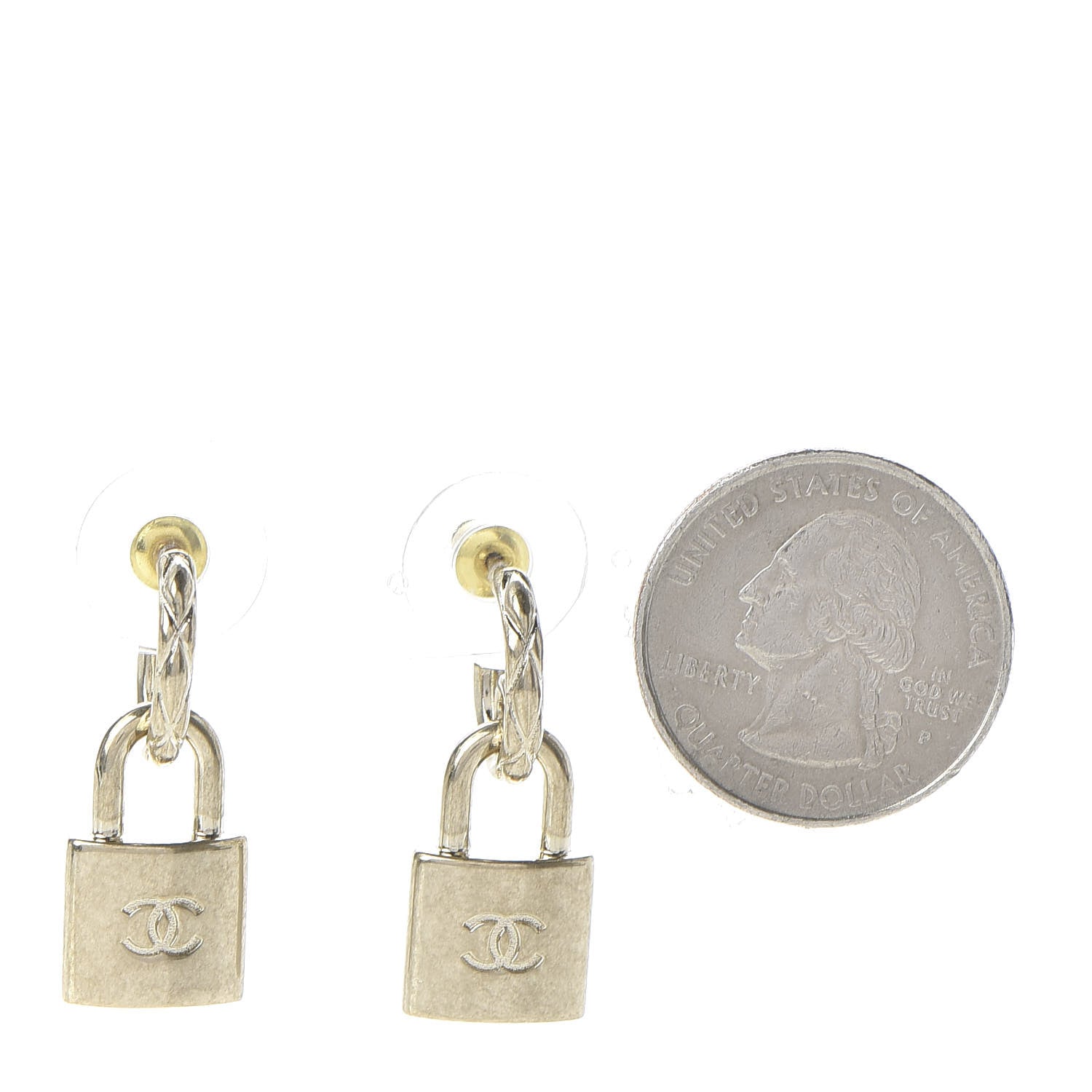 Chanel Metal Lock Drop Earrings Light Gold 2 of 4