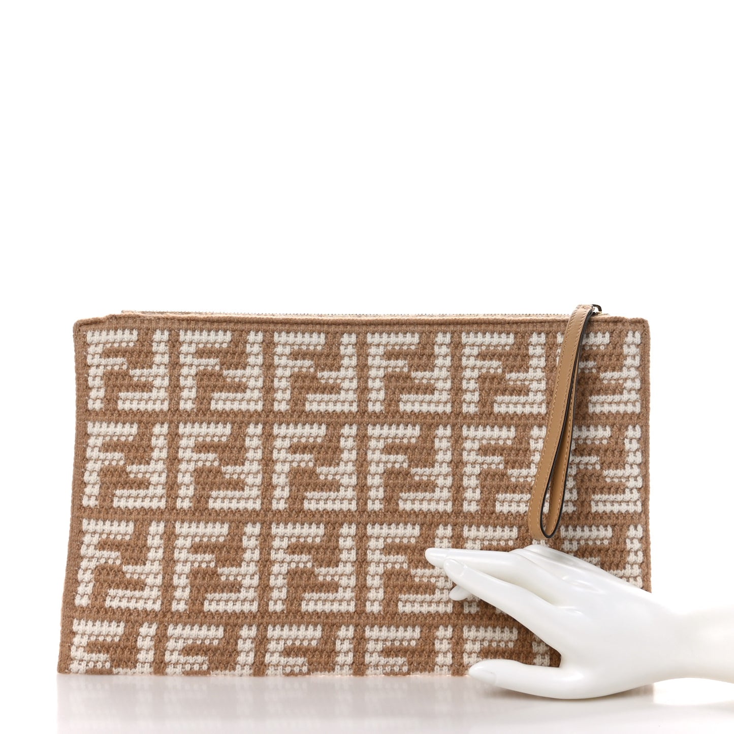 Fabric Calfskin FF Woven Large Flat Pouch Cammello