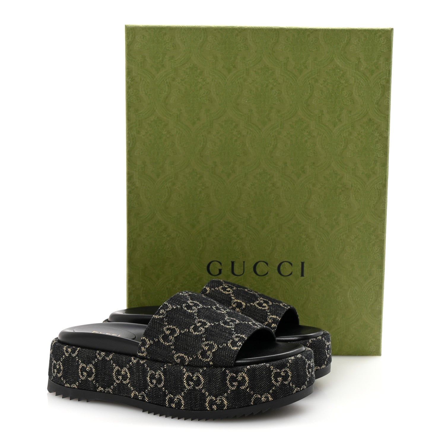 Gucci Jacquard Black Denim GG Monogram Angelina Platform 55mm Slide Sandals 36.5 Black Ivory 10 of 10