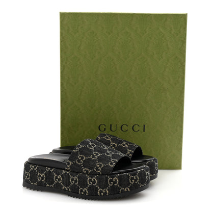 Gucci Jacquard Black Denim GG Monogram Angelina Platform 55mm Slide Sandals 36.5 Black Ivory 10 of 10