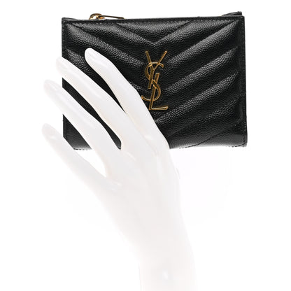 Saint Laurent Grain De Poudre Matelasse Chevron Monogram Zipped Two-Part Wallet Black 2 of 7