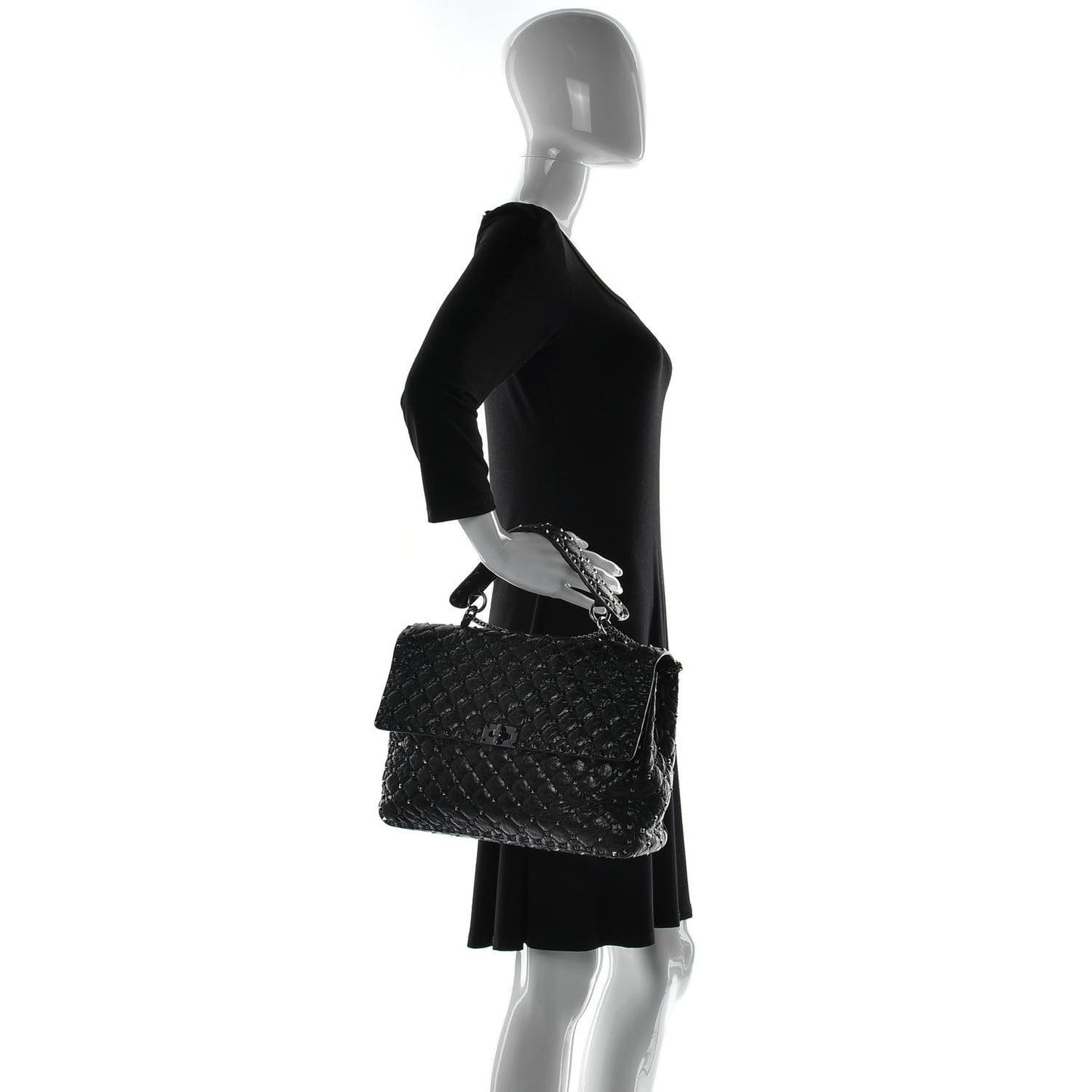 Craquele Nappa Maxi Rockstud Spike Shoulder Bag Black