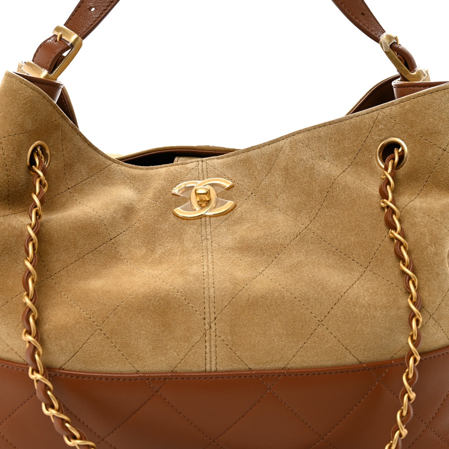 Suede Calfskin Shiny Lambskin Quilted Small Coco Base Shopping Bag Beige Camel