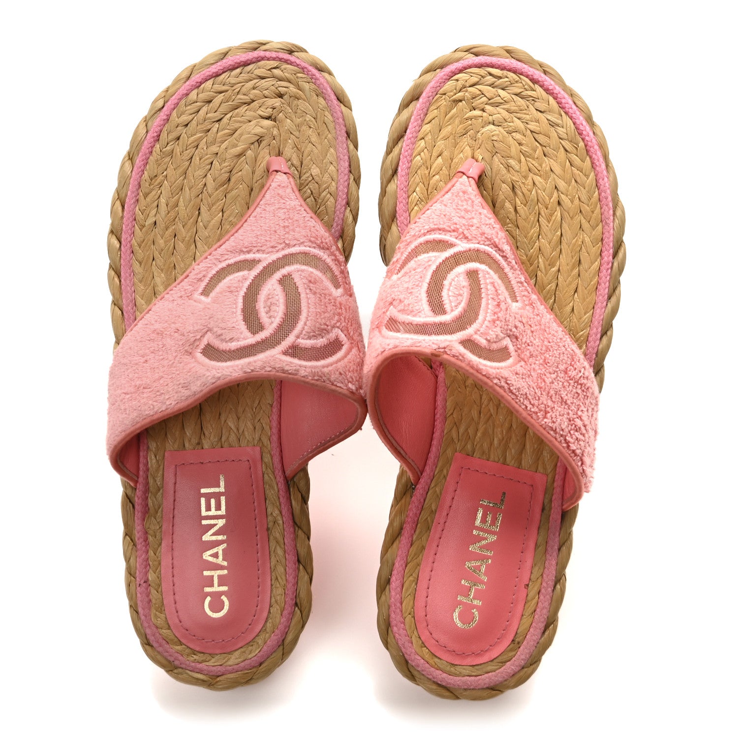 Chanel Terry Cloth Raffia CC Logo Thong Sandals 38.5 Pink 2 of 8