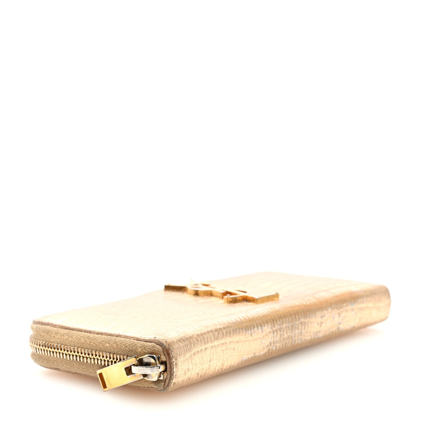 Saint Laurent Lizard Calfskin Embossed Monogram Zip Around Wallet Gold 4 of 7