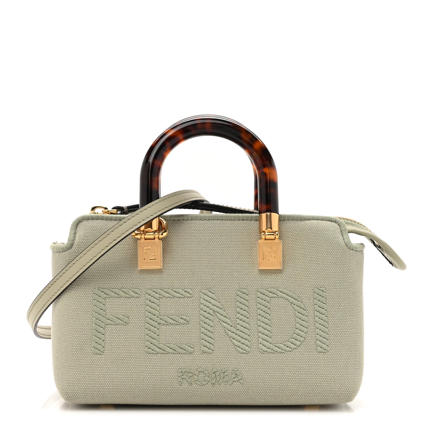 Fendi Canvas Vitello King Plexiglass Logo Embroidered Mini By The Way Top Handle Boston Bag Green Tea 1 of 10