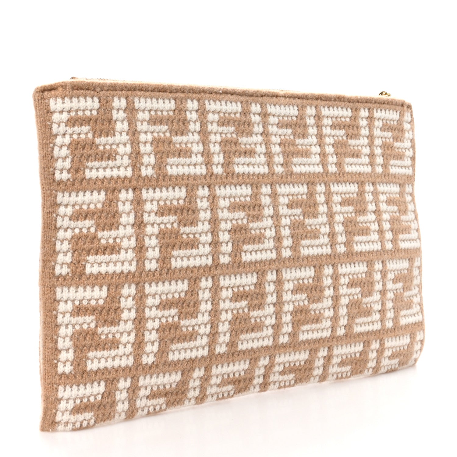 Fendi Fabric Calfskin FF Woven Large Flat Pouch Cammello 3 of 9