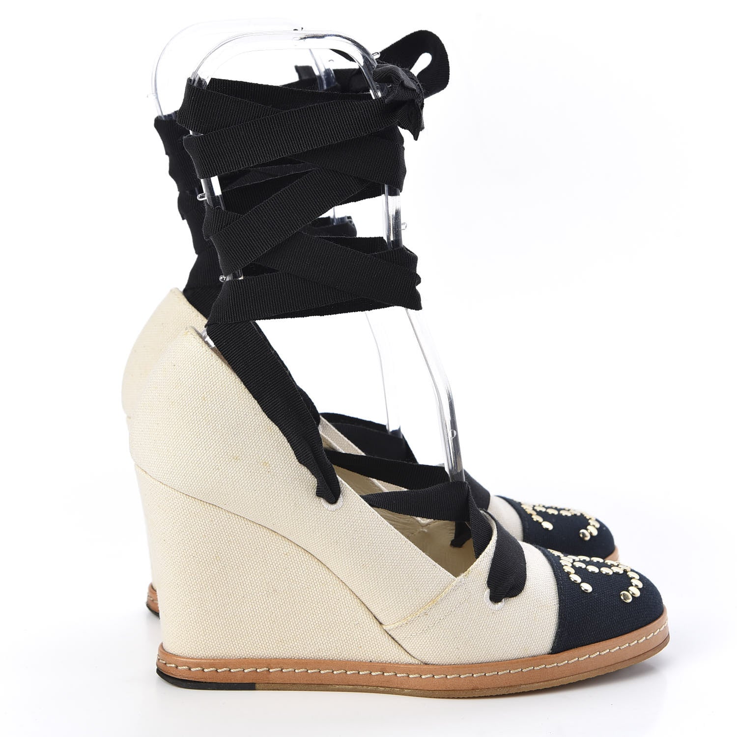 Chanel Canvas Studded Cap Toe CC Wedges 37.5 Beige Navy Black 4 of 9