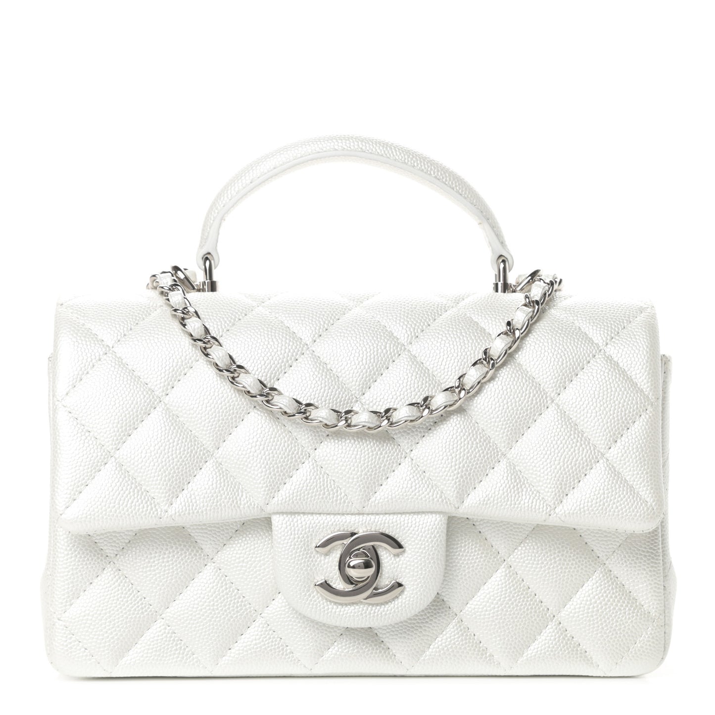 Iridescent Caviar Quilted Mini Top Handle Rectangular Flap White