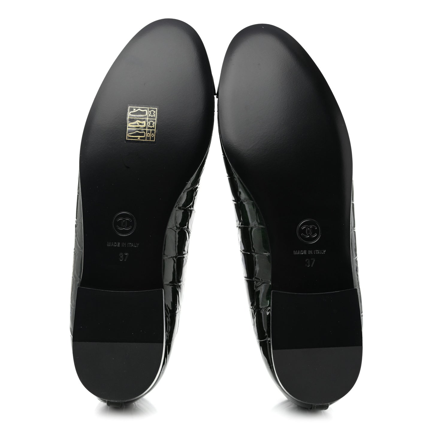 Patent Calfskin Crocodile Embossed Ballerina Flats 37 Dark Green Black