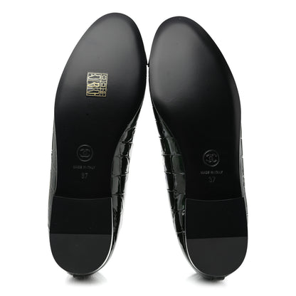 Chanel Patent Calfskin Crocodile Embossed Ballerina Flats 37 Dark Green Black 7 of 10