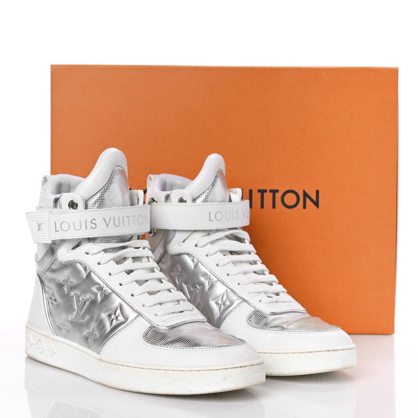 Metallic Calfskin Embossed Monogram Boombox Sneakers 38 White Silver